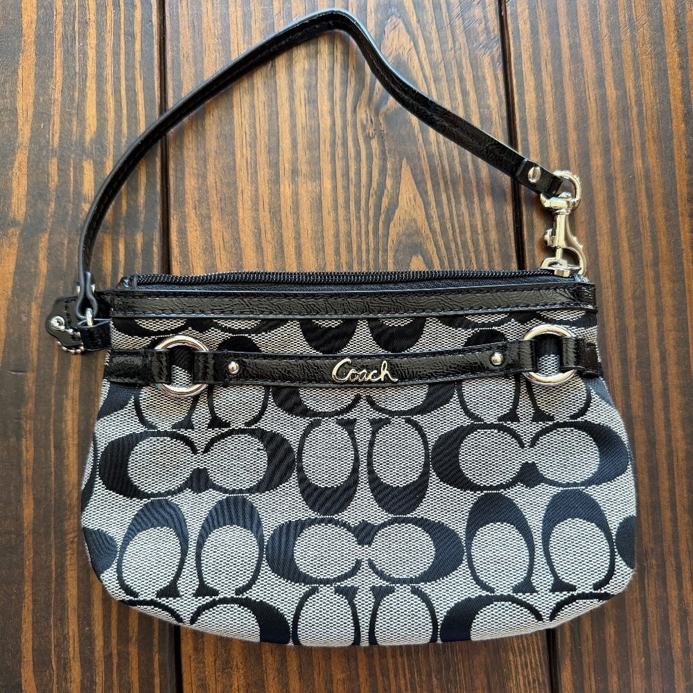 Coach Signature Monogram Wristlet, Gray and Black, Like New